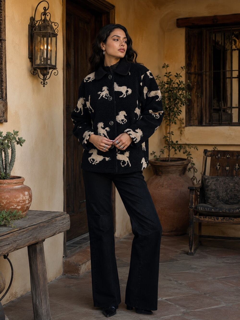 90s David Paul New York Black Horse Fleece Jacket Small Western Equestrian